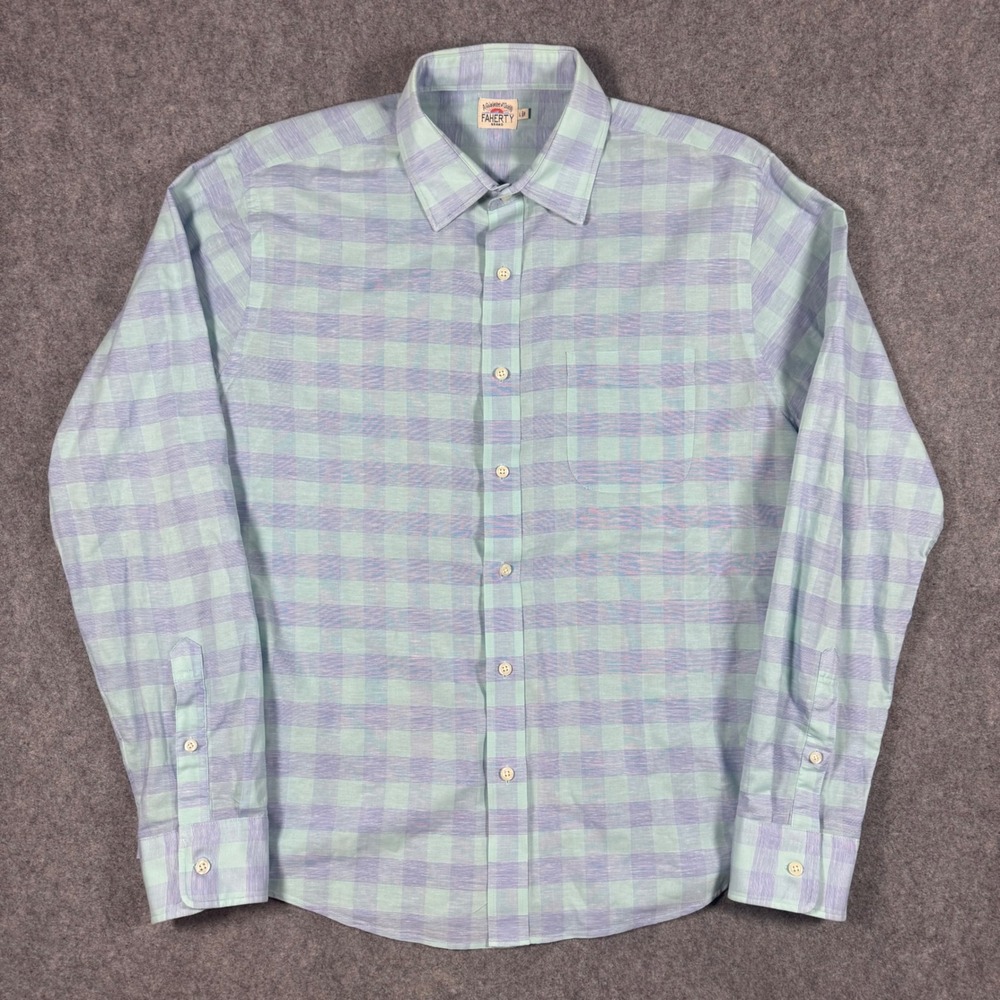 Faherty Shirt Mens L Blue Mint Green Gingham Cotton Linen Blend Light Stretch